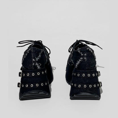 Black Distressed Buckle Platform Shoes