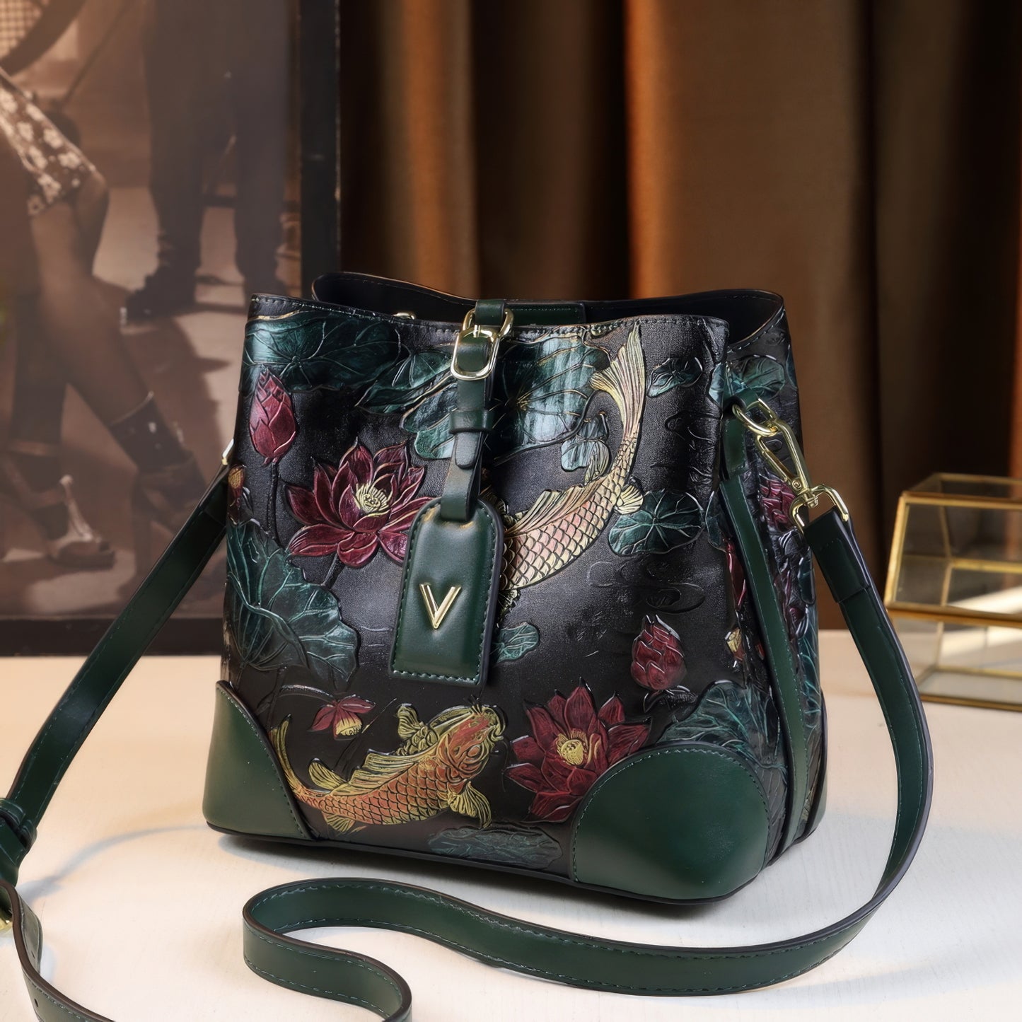 Embroidered Koi Lotus Leather Shoulder Bag