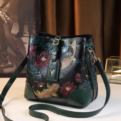 Embroidered Koi Lotus Leather Shoulder Bag
