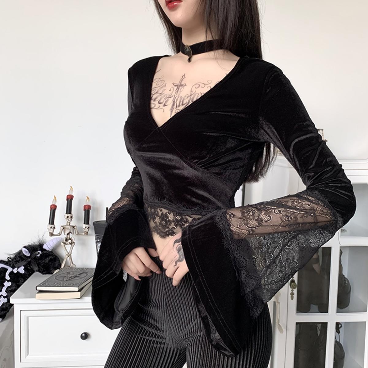 Velvet Lace Bell Sleeve Top