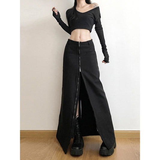 Front Zip High-Waist Maxi Skirt