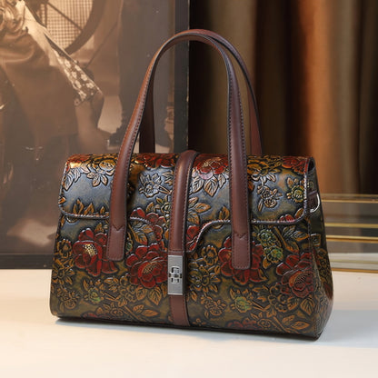 Embossed Vintage Floral Brown Handle Bag