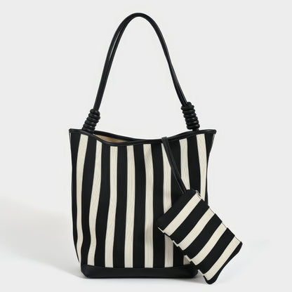 Striped Canvas Shoulder Tote Bag