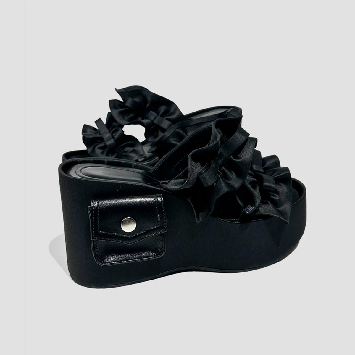 Satin Ruffle Bow Platform Slides