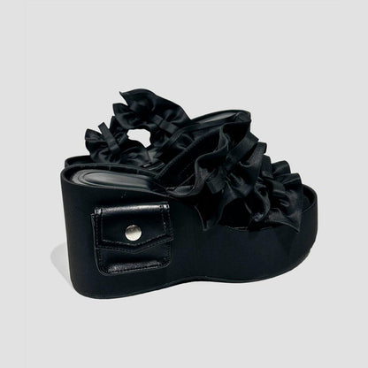 Satin Ruffle Bow Platform Slides