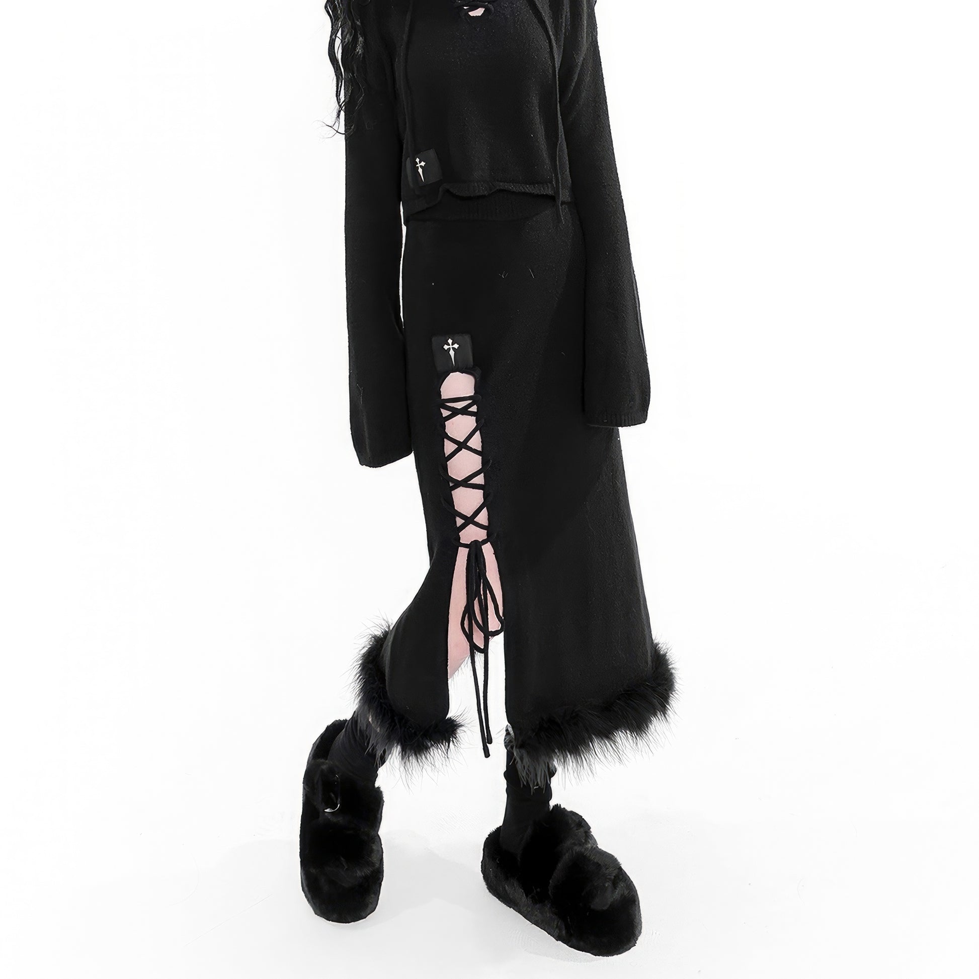 Faux Fur Hem Knit Skirt with Side Lace-Up Detail
