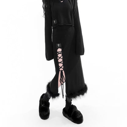 Faux Fur Hem Knit Skirt with Side Lace-Up Detail