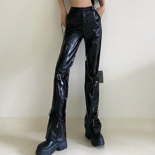 Buckled Faux Leather Pants