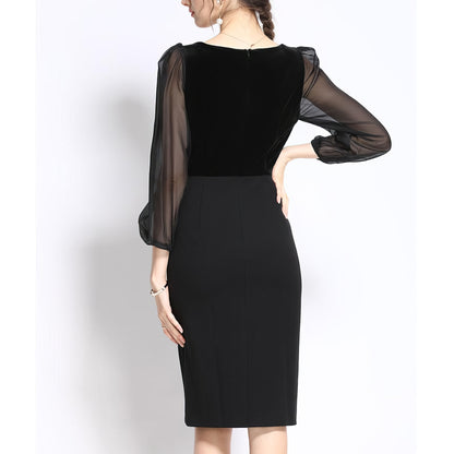 Velvet Sheer Sleeve Sweetheart Pencil Dress