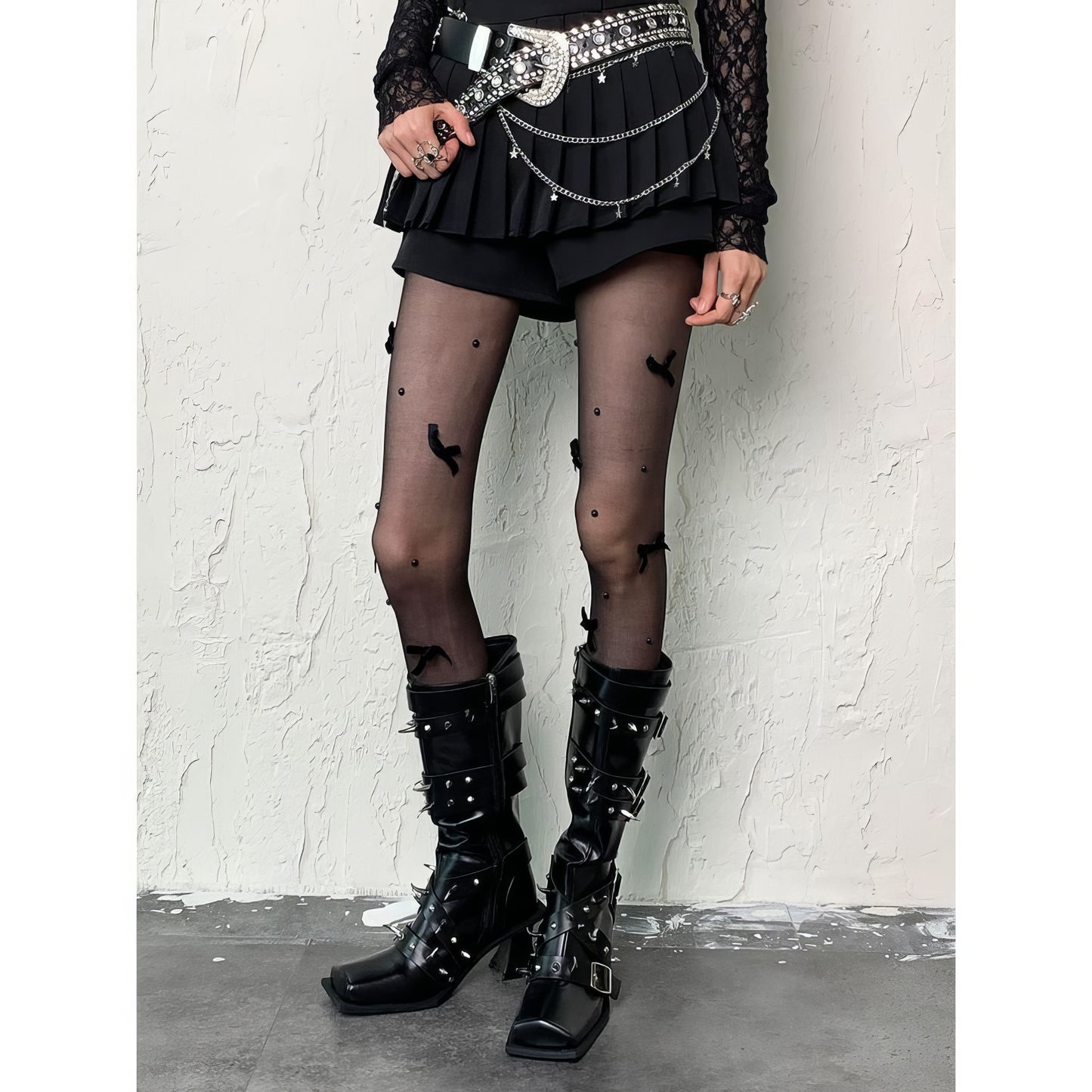 Velvet Bow Pearl Dot Sheer Tights