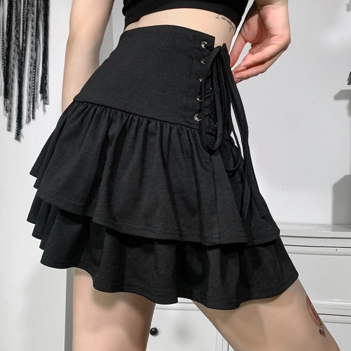 Layered Lace-Up Mini Skirt