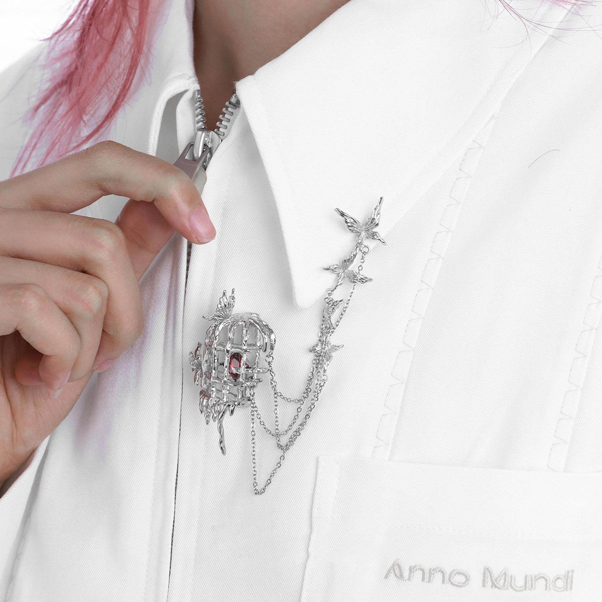 Caged Heart Bird Chain Brooch