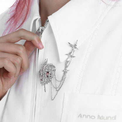 Caged Heart Bird Chain Brooch
