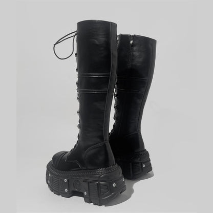 Black Lace-Up Platform Knee-High Boots