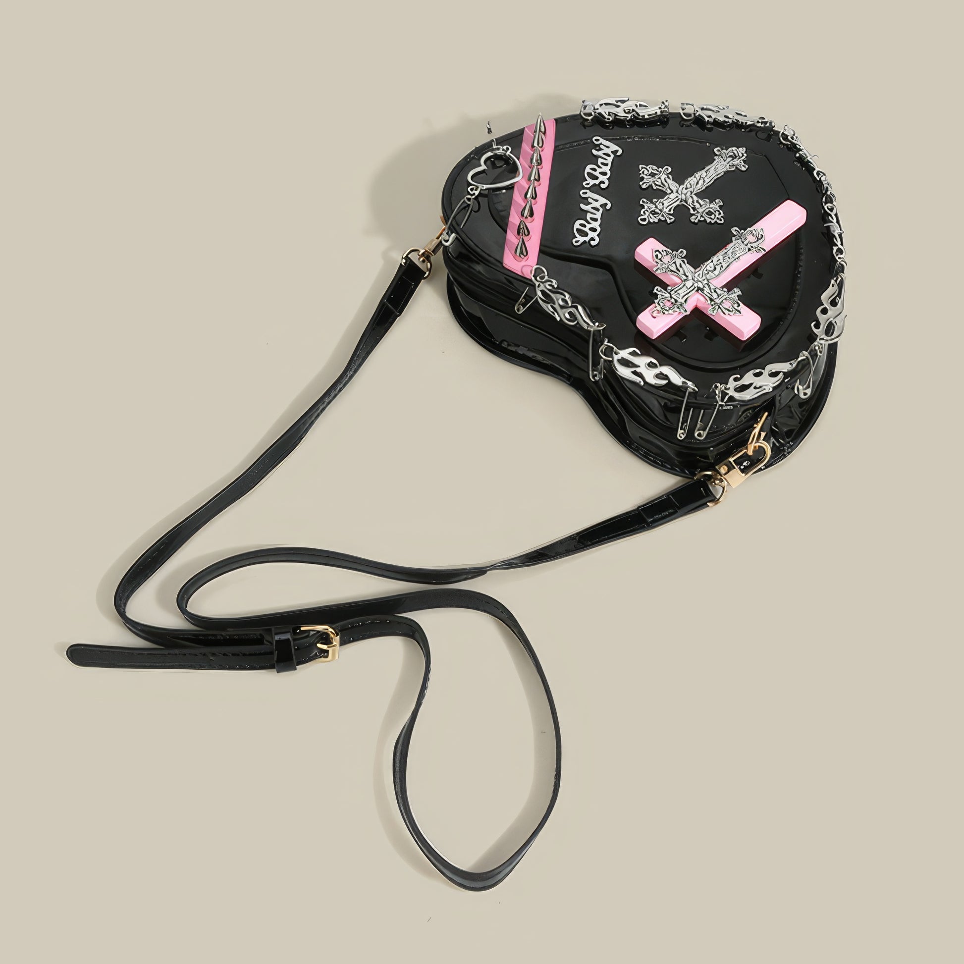 Studded Cross Patch Heart Patent Shoulder Bag