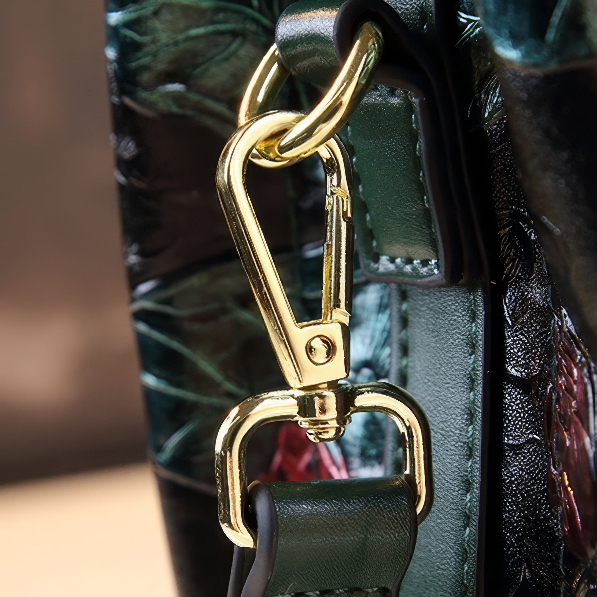 Embroidered Koi Lotus Leather Shoulder Bag