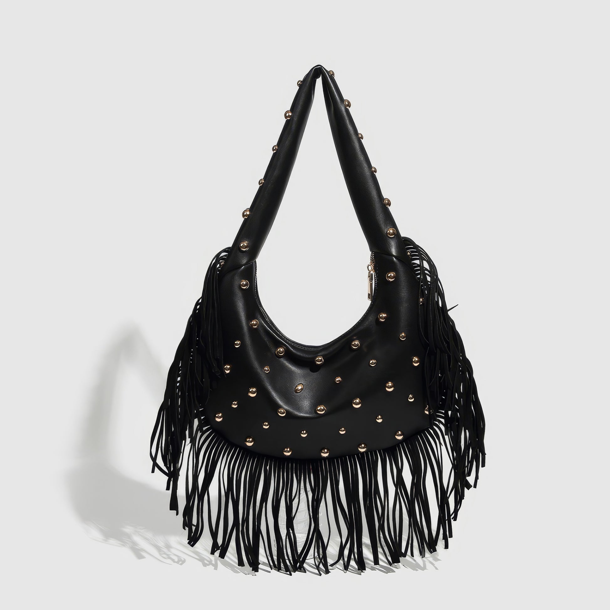 Fringed Studded Crescent Shoulder Bag