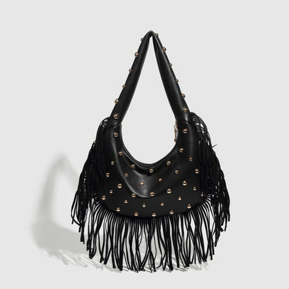 Fringed Studded Crescent Shoulder Bag