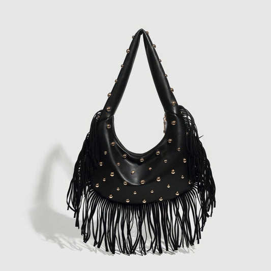 Fringed Studded Crescent Shoulder Bag