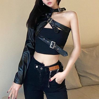 One-Sleeve Buckle Faux Leather Top