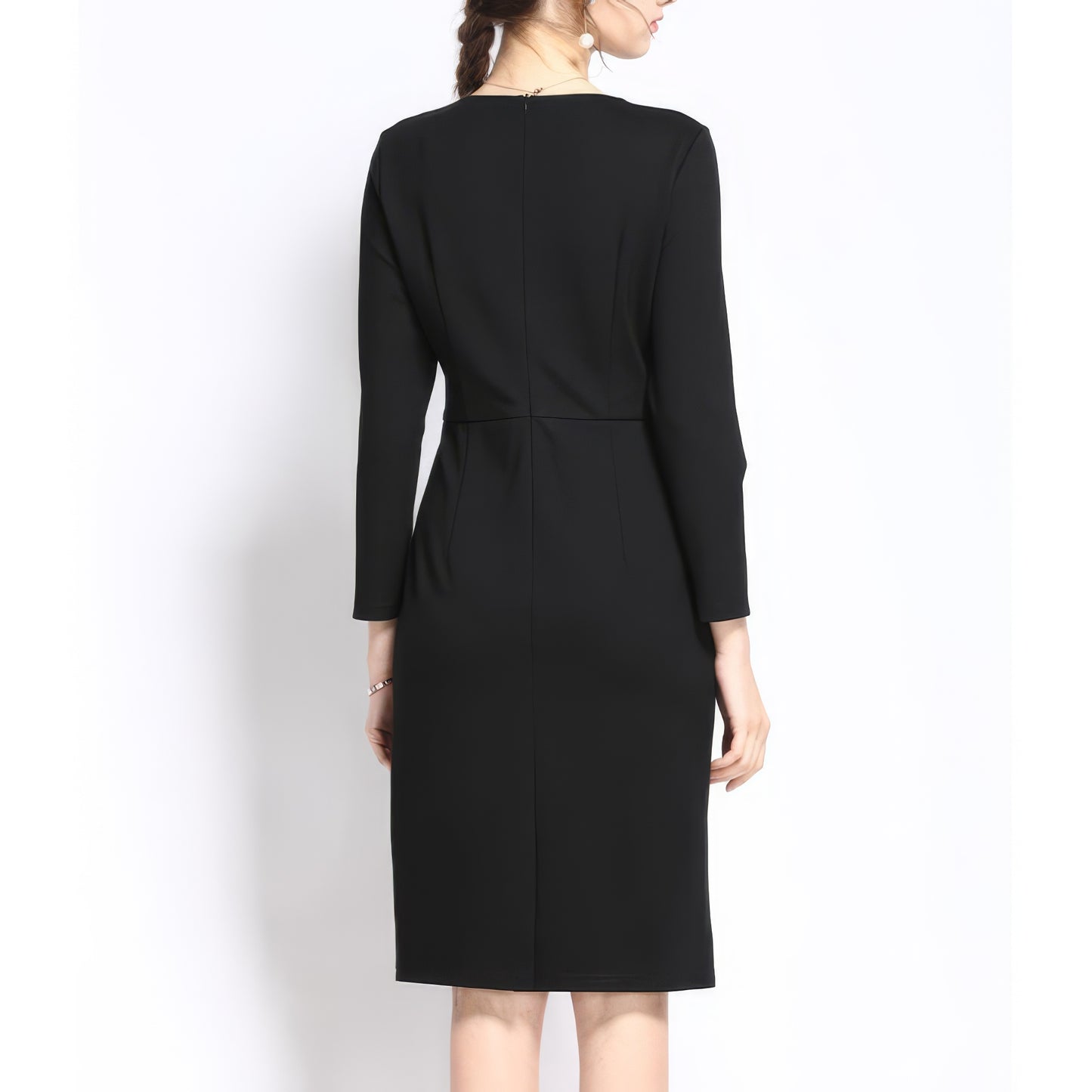 Stitched Detail Long Sleeve Black Pencil Dress