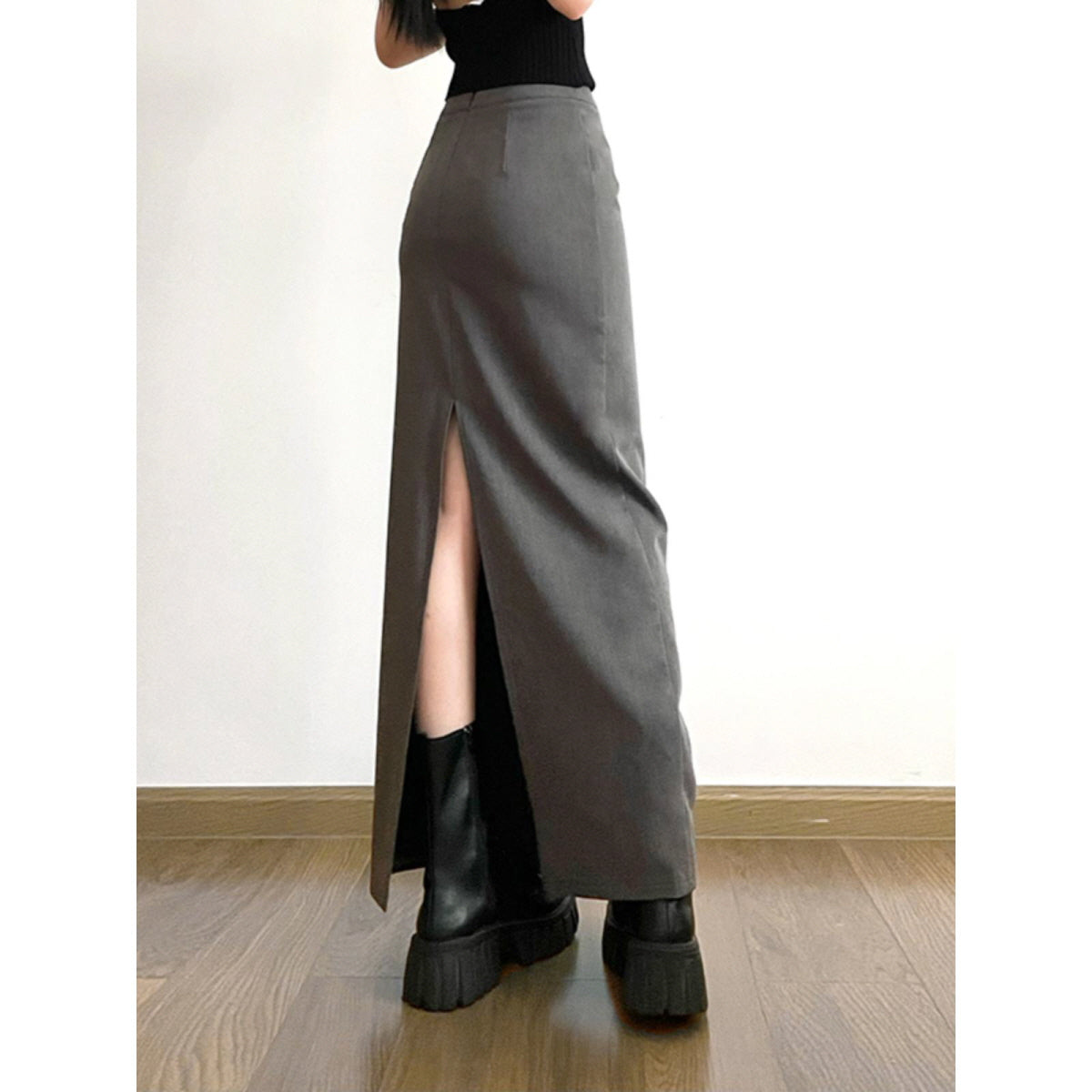 Gray High-Slit Maxi Skirt