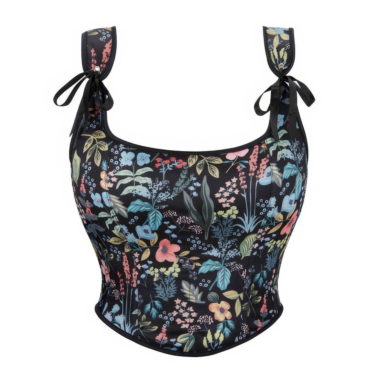 Floral Lace-Up Shoulder Tie Corset Top
