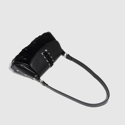 Lace-Up Fringe Flap Shoulder Bag