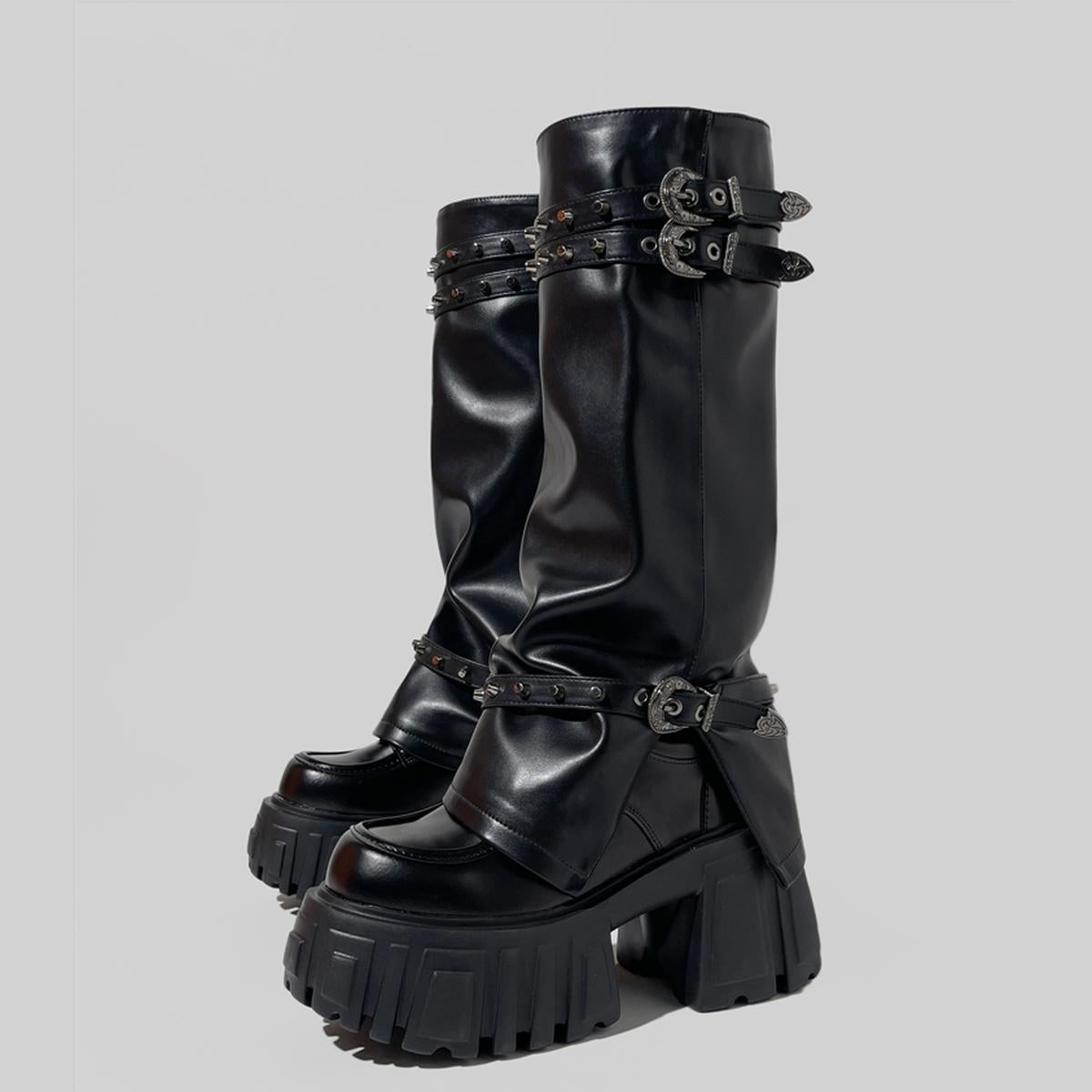 Black Buckled Platform Slouch Boots