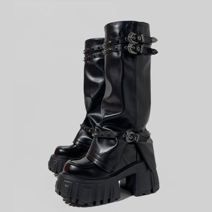 Black Buckled Platform Slouch Boots