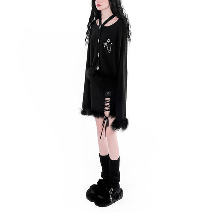 Faux Fur Trimmed Knit Crop Cardigan