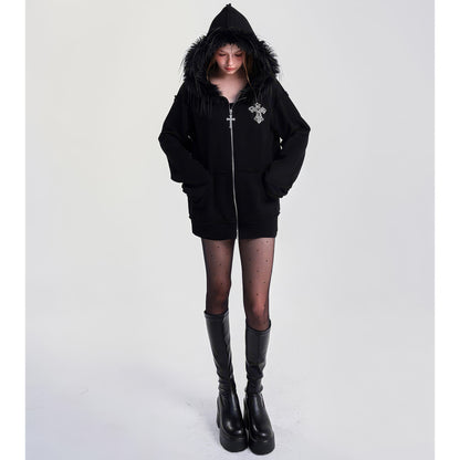 Faux Fur Trim Zip-Up Hoodie