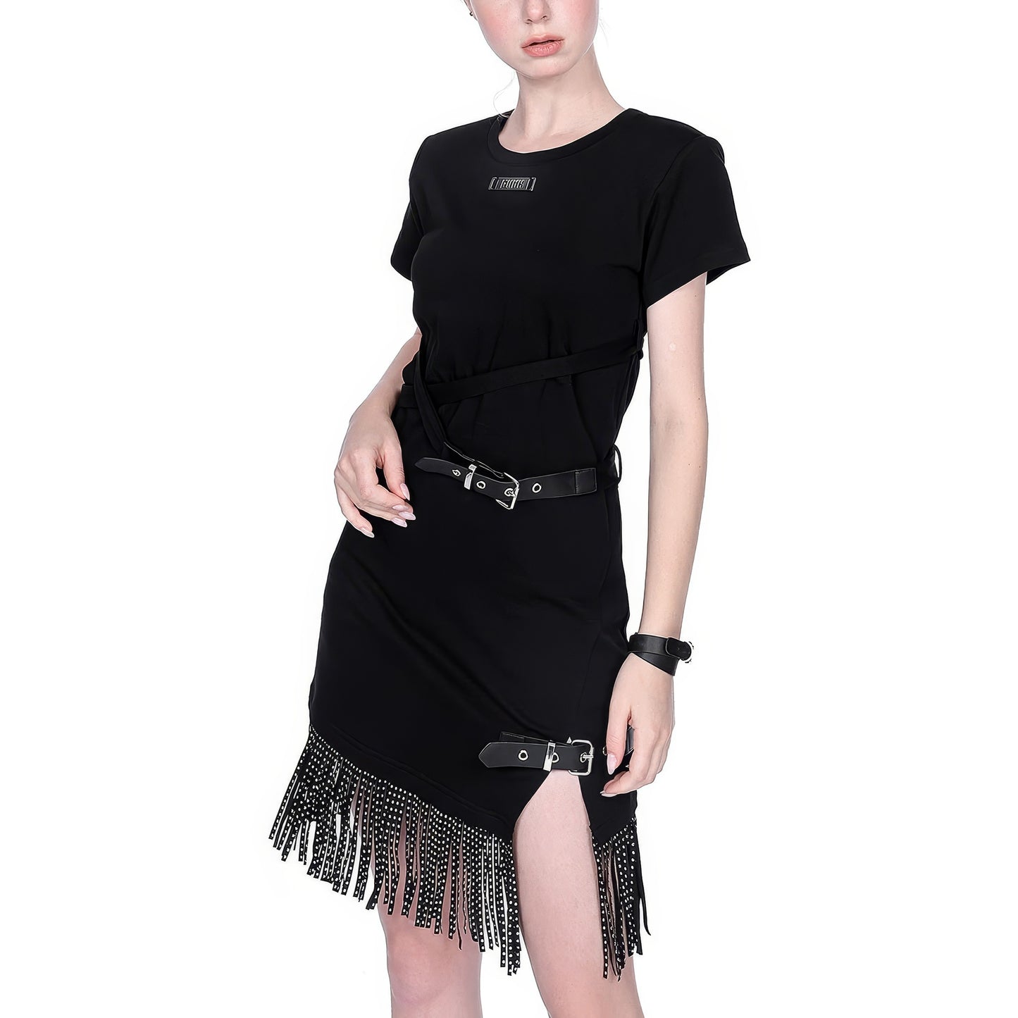 Buckle Strap Asymmetrical Fringe Dress