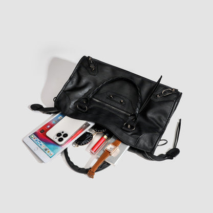 Textured Zip Accent Black Shoulder Bag