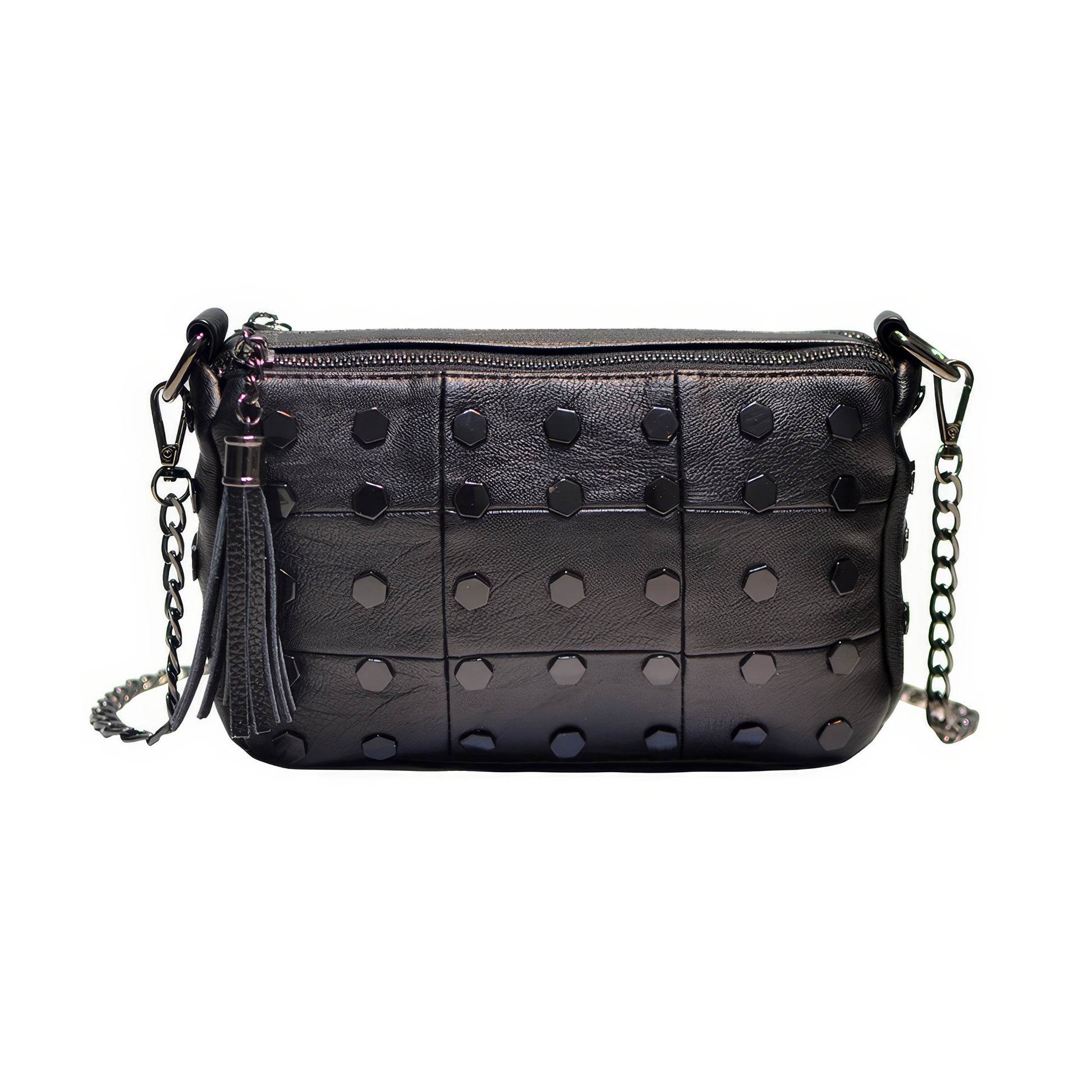 Hex Stud Tassel Chain Crossbody Bag