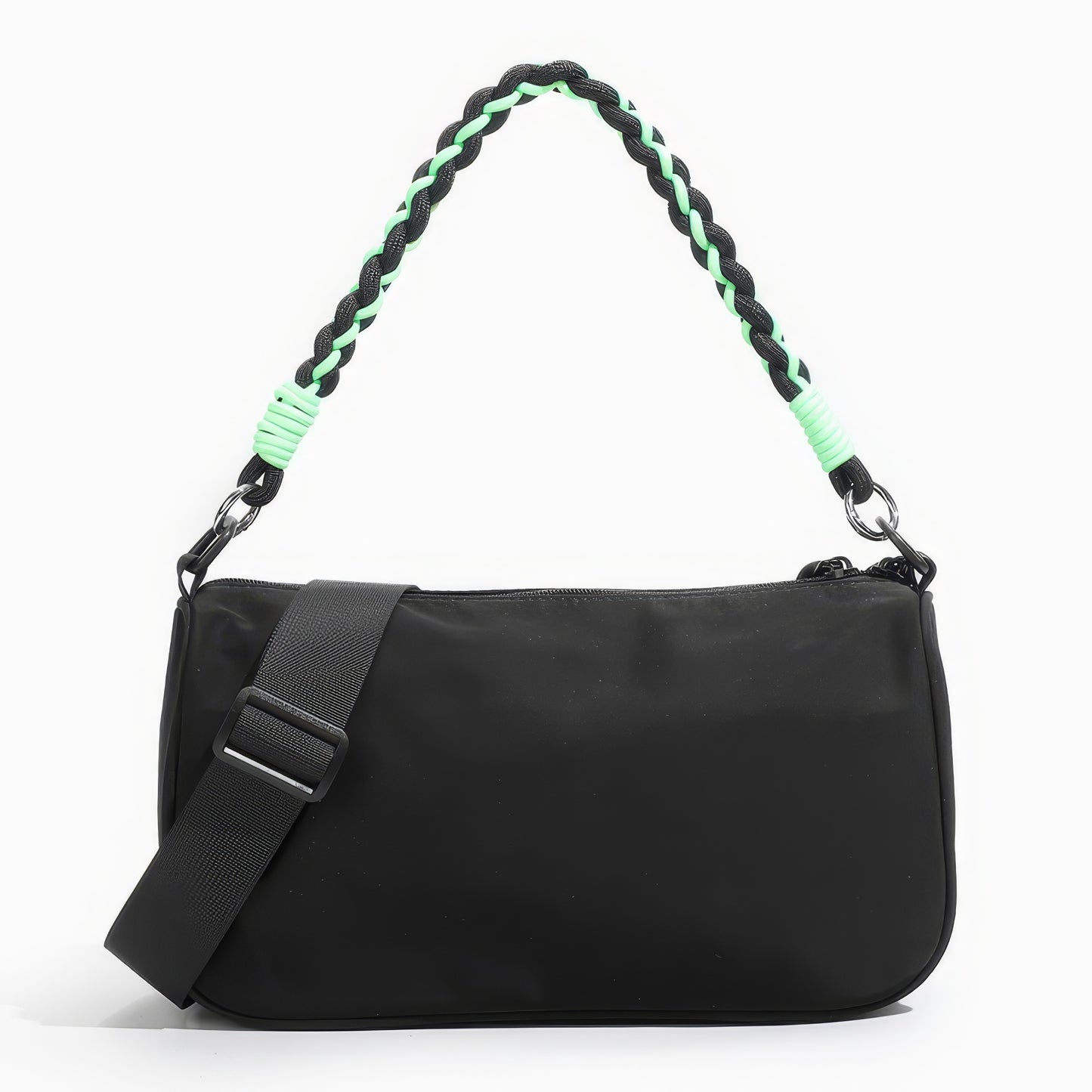 Two-Tone Rope Strap Black Nylon Shoulder Bag