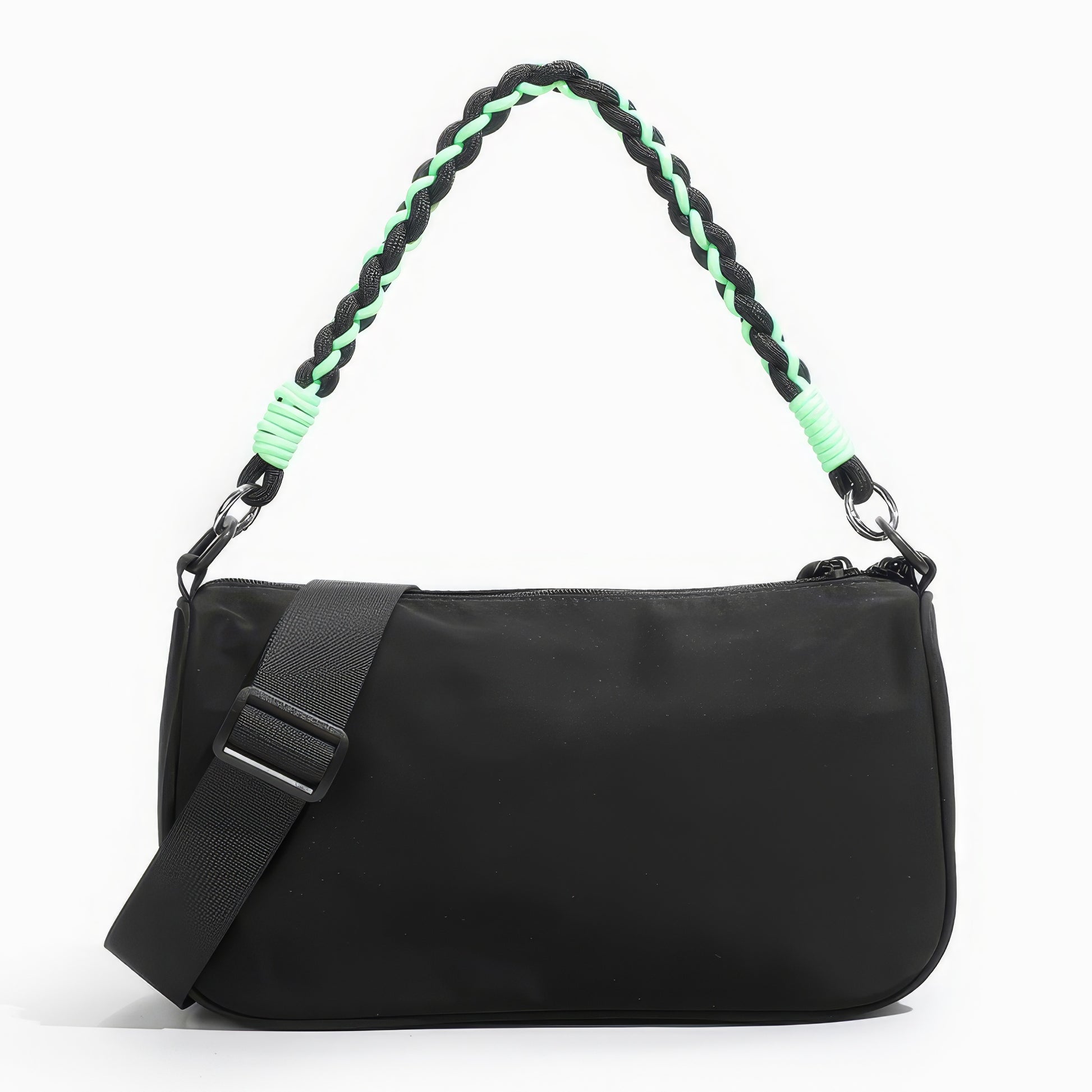 Two-Tone Rope Strap Black Nylon Shoulder Bag