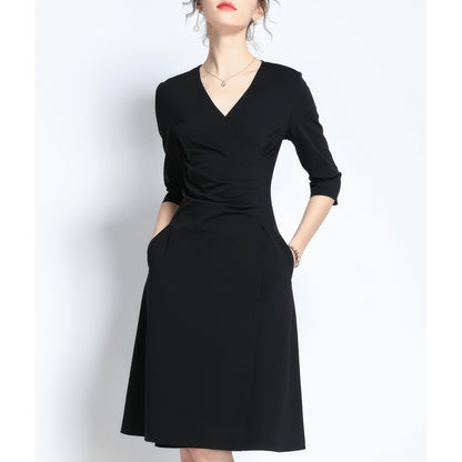 Draped Waist V-Neck Black Dress