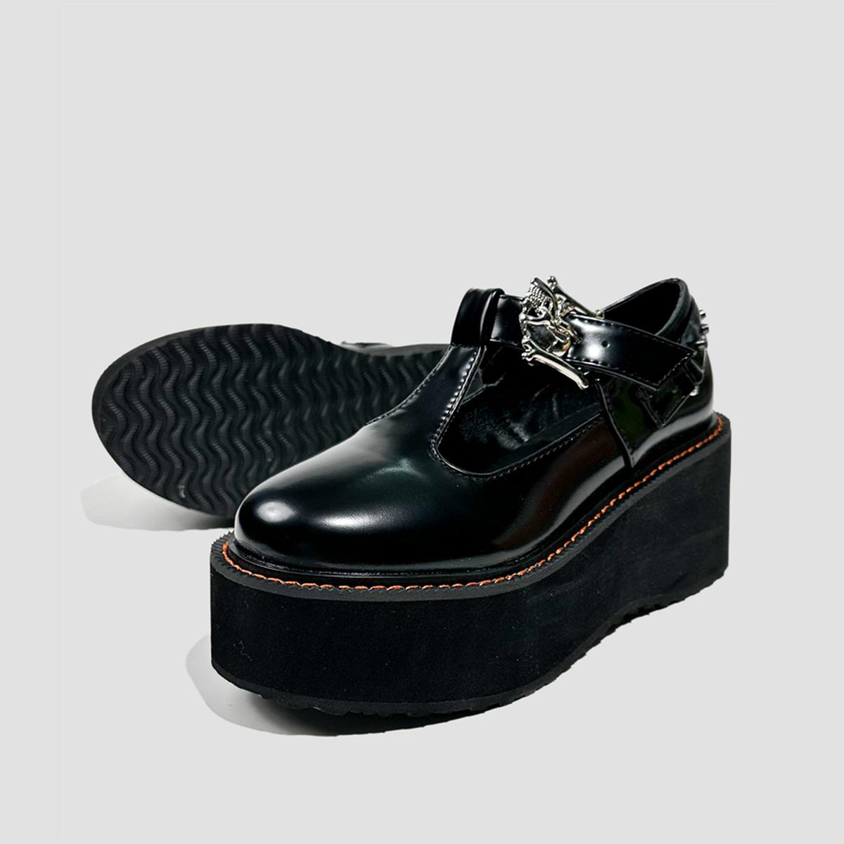 Black Metal Buckle T-Strap Platform Shoes