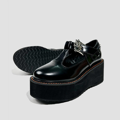 Black Metal Buckle T-Strap Platform Shoes