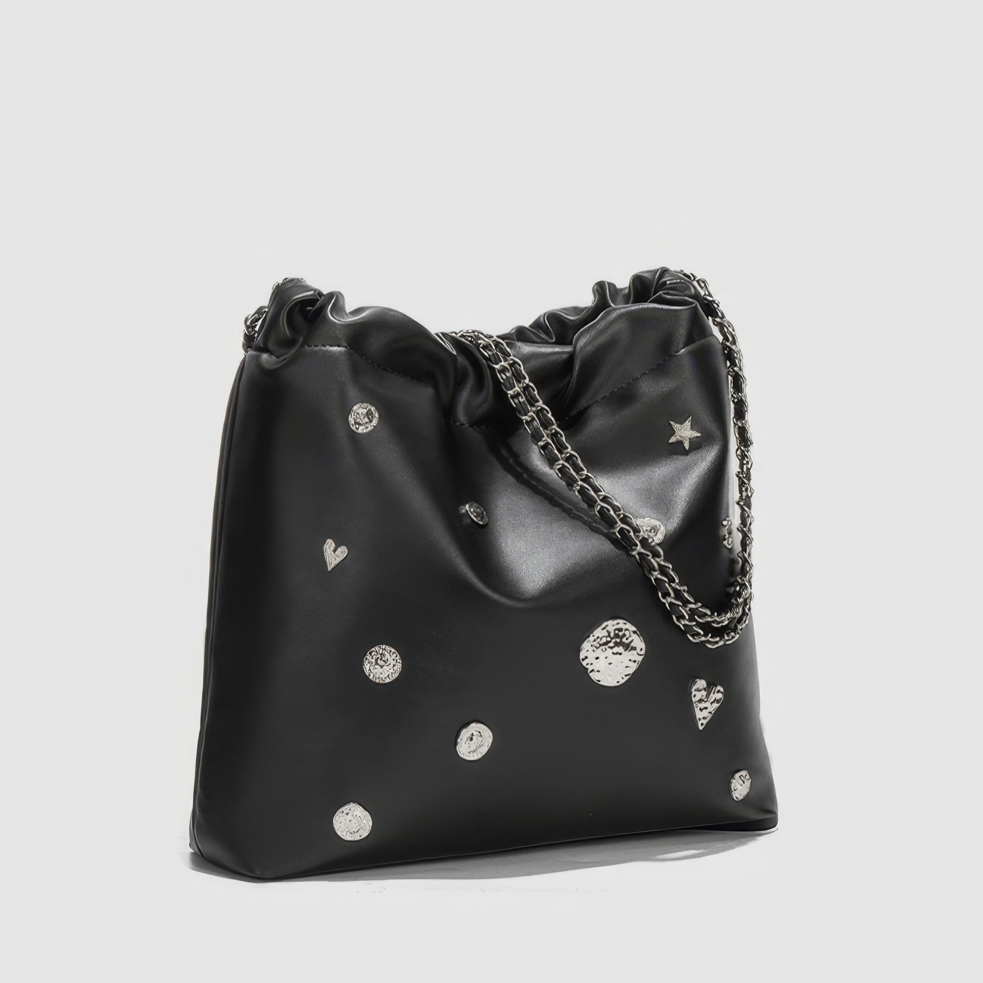 Metallic Studded Drawstring Shoulder Bag