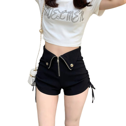 Front Zip V-Waist Ruched Black Shorts