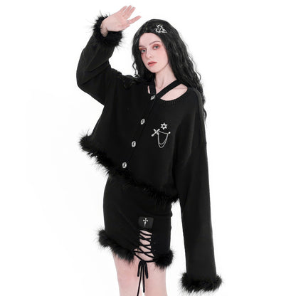 Faux Fur Trimmed Knit Crop Cardigan