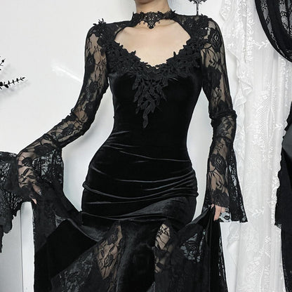 Velvet Lace Panel Long Dress