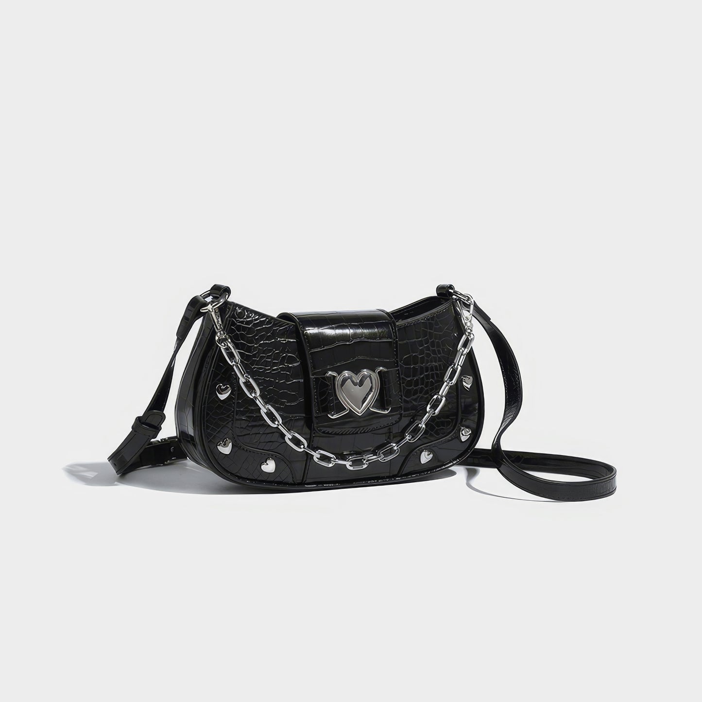 Heart Buckle Croc-Embossed Shoulder Bag