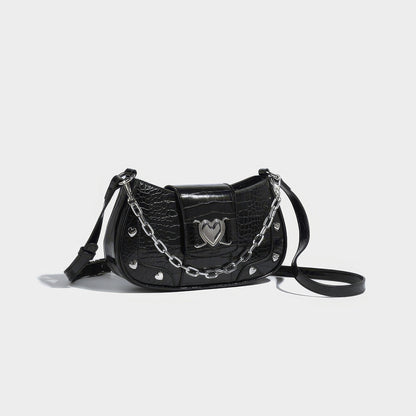 Heart Buckle Croc-Embossed Shoulder Bag