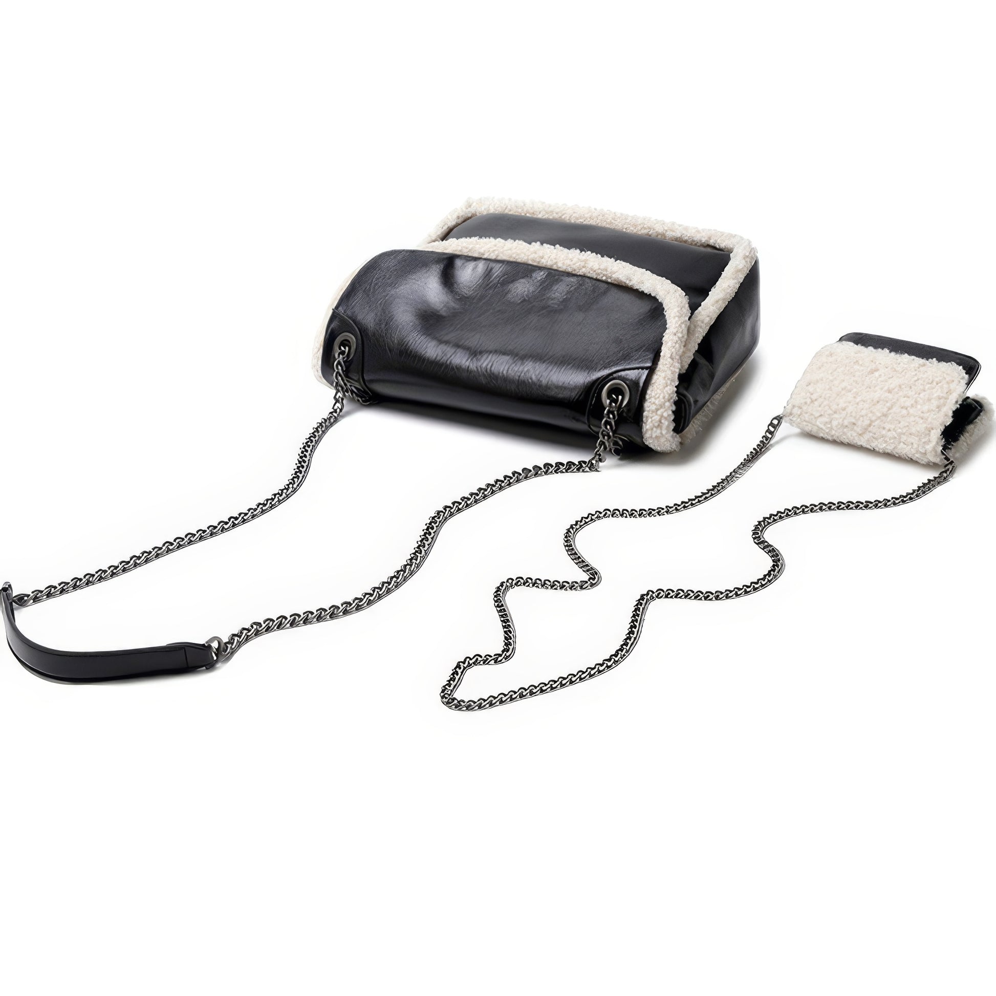 Faux Leather Shearling Trim Chain Bag Set