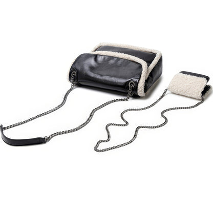 Faux Leather Shearling Trim Chain Bag Set