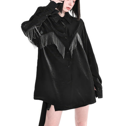 Shiny Fringe Detail Satin Shirt