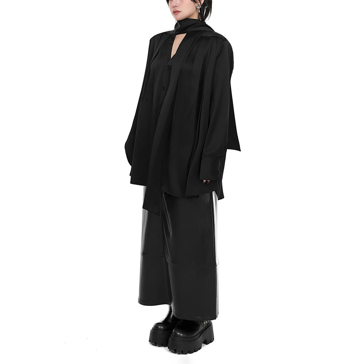 Satin Pleated Tie Neck Shirt Dress